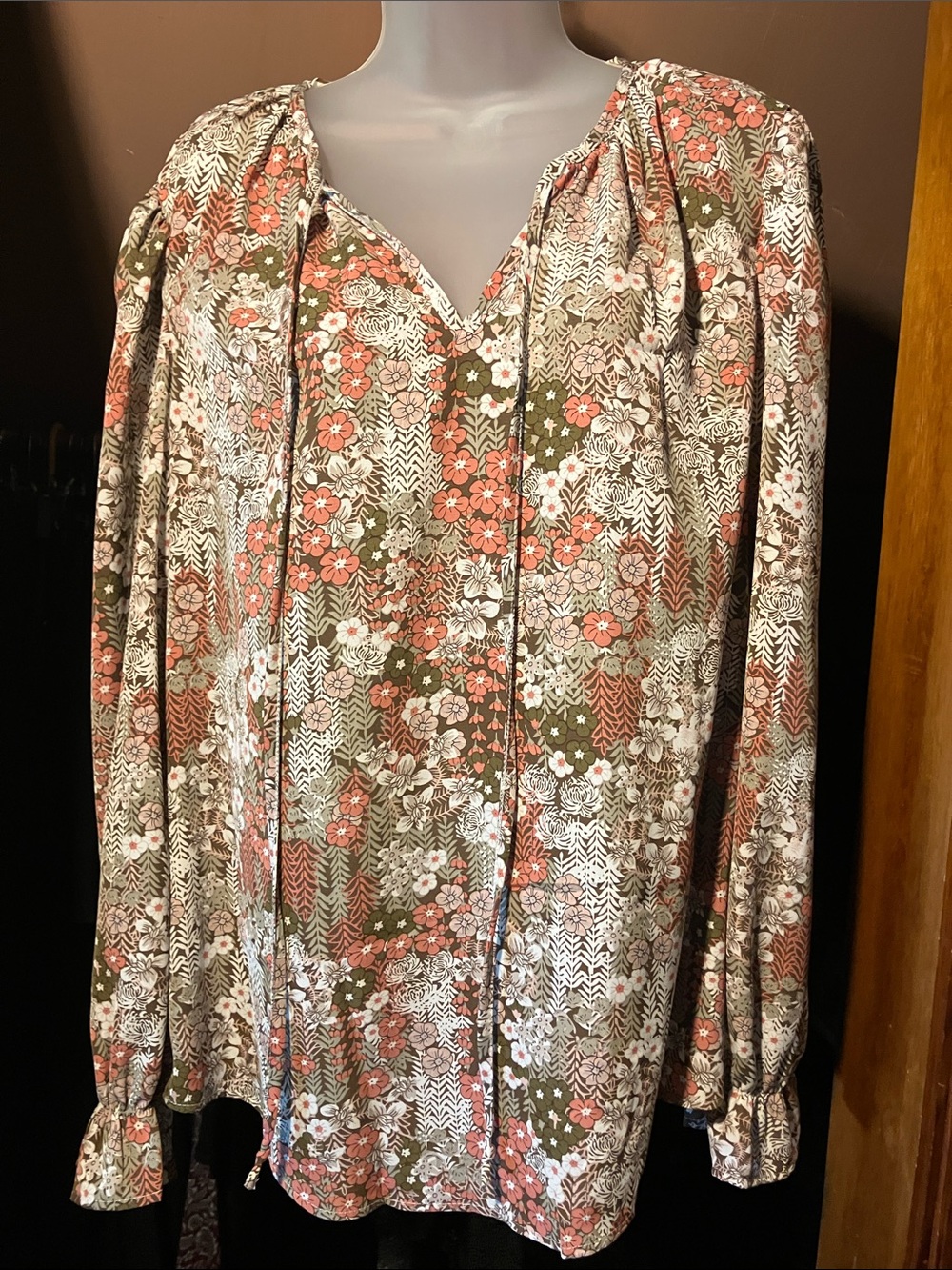 Long-Sleeve Floral Print Peasant Blouse - Olive White & Coral